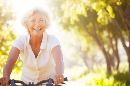 Cheerful senior woman in white t-shirt cycling in sunny park in sunlightの素材