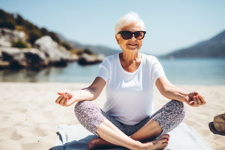 Joyful elderly caucasian woman finds serenity in yoga practice on seashore, wearing white shirtの素材