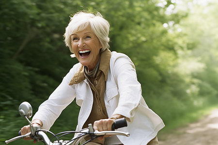 Joyful smiling elderly caucasian woman enjoying a bike ride in the serene park environmentの素材