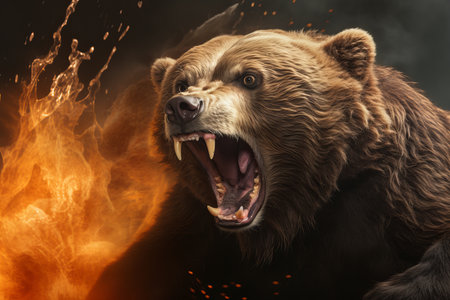 Angry brown bear on a fire background, with copy spaceの素材