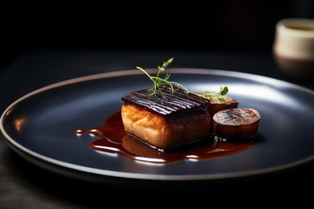 Piece of fried salmon with sauce on a black plate and dark backgroundの素材