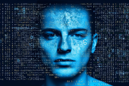 Close up of mans face fragmented by abstract pixelation and digital noise, blurring the distinctionの素材