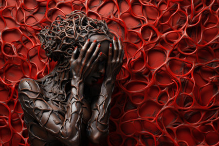3d sculpture of the human on red background, shrouded in a web of thoughts that and emotion, copy spaceの素材