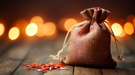 Linen bag closeup on a wooden table, bokeh background, surprise and gift concept, banner, copy spaceの素材