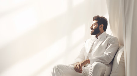 Happy man close up, luxury quiet concept, white background, banner, copy spaceの素材