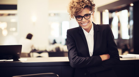 Happy smiling Business lady with long hair, banner, copy spaceの素材