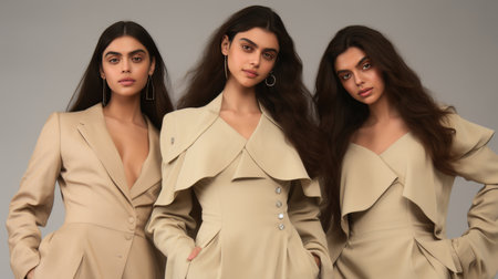 Communication between three girls, dressed in elegant beige suits, concept Quiet Luxury, bannerの素材