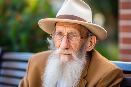 Elderly man with a gray beard and glasses close up, luxury quiet, hyperrealistic, happy old age conceptの素材
