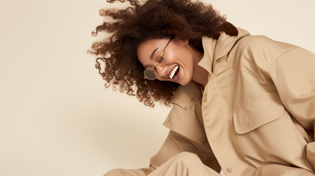 Happy smiling Business lady with long hair, in glasses, banner, copy spaceの素材