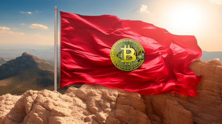 Red flag with bitcoin sign, concept of success in trading, domination, bannerの素材