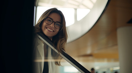 Happy smiling Latin girl student, in glasses and in causal dressed, banner, copy spaceの素材