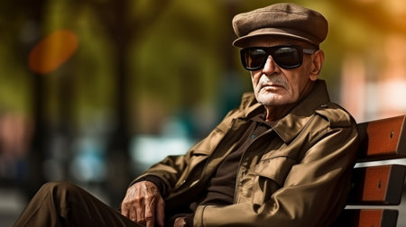 Elderly man in glasses sits on a park bench and enjoys the morning stillness, luxury quiet , happy oldの素材