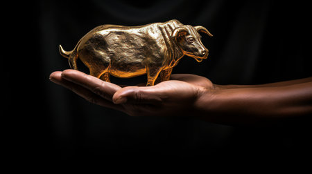 Golden bull on the palm of a man hand, black background, trading success concept, bannerの素材