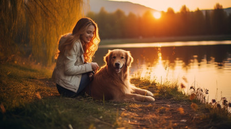 Young woman and her dog adopted from a shelter, friendship and care for animals concept, bannerの素材