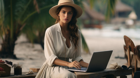 Young woman close up working on laptop, by the sea, remote work concept, bannerの素材