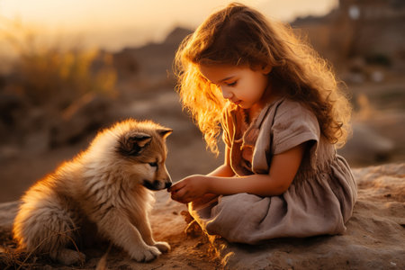 Little girl and her puppy adopted from a shelter, friendship and care for animals concept, bannerの素材