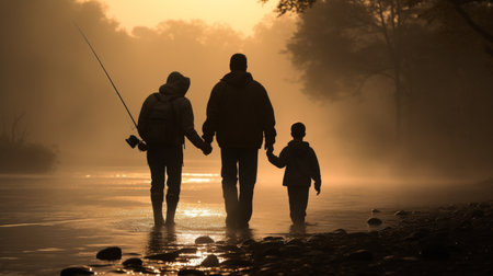 A young couple and their son go fishing on the lake against the backdrop of the morning warm fogの素材
