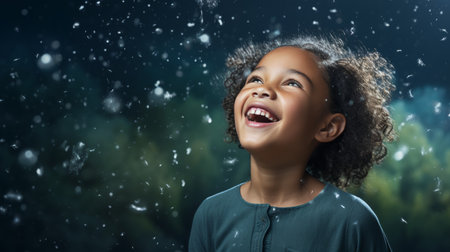 Happy little African girl admires flying snowflakes, blue background, hyperrealistic concept, bannerの素材