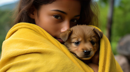 Girl and her puppy adopted from a shelter, friendship and care for animals concept, warm backgroundの素材