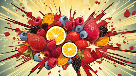Dynamic fruit explosion background, vibrant colors, pop art style background, food concept, bannerの素材