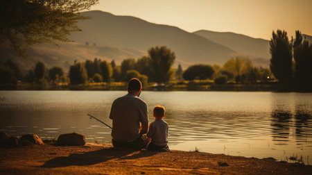 Father and son on the shore of a mountain lake, surrounded by towering peaks, fishing, luxury quiet conceptの素材