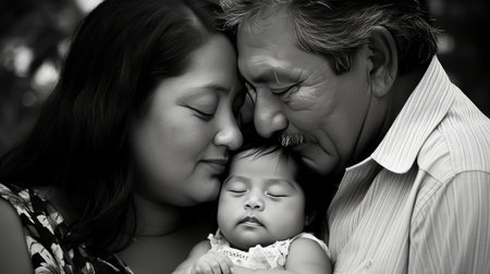 Mom, dad and their adopted child, happy family and motherhood concept, hyperrealistic, monochrome, bannerの素材