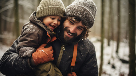 Happy father holding his son in his arms, family concept, bannerの素材