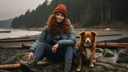 Young woman and her dog adopted from a shelter, friendship and care for animals concept, bannerの素材