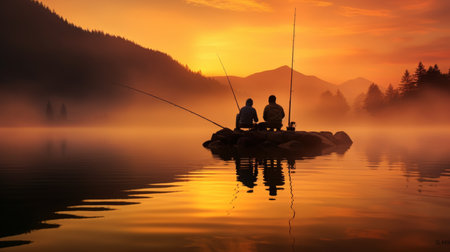 Father and son fishing by the river in the early morning mist, enjoying time together, hobby conceptの素材