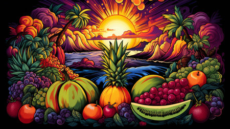 Exploding fruits background, dynamic, neon colors pop art, food concept, abstract, bannerの素材