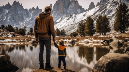 Father and son standing on mountain lake shore with towering peaks in background, family and nature conceptの素材