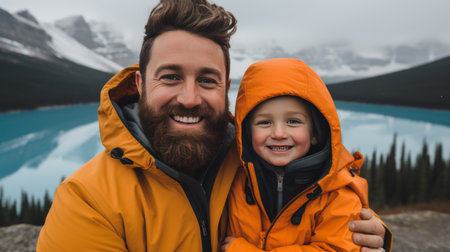 Happy caucasian father and son on the shore of a mountain lake, surrounded by towering peaks, bannerの素材