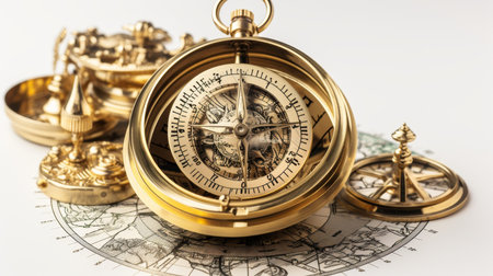 Gold compass close up, travel concept, bannerの素材
