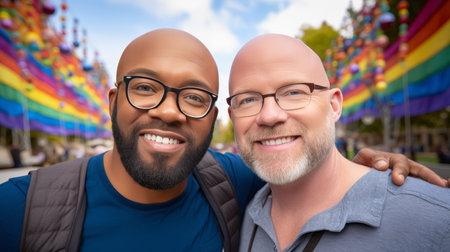 Happy smiling of LGBT male couple African and Caucasian descent, parade, rainbow flag, concept of equalの素材
