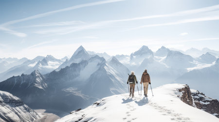 Elderly couple nordic walking in majestic mountains, health and happiness in old age conceptの素材