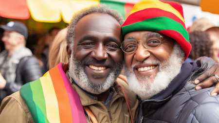 Happy smiling LGBT African male couple, parade, pride day, rainbow flag, concept of equal, bannerの素材