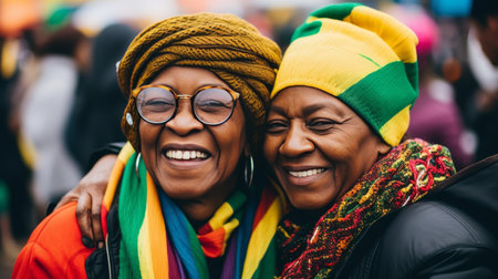 Happy senior African LGBT couple, pride parade with rainbow flags, concept of equal, bannerの素材