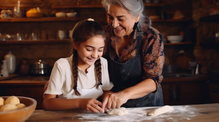 Spanish grandmother teaches her granddaughter to make a traditional family bakery, generation conceptの素材