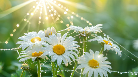 Dew-covered chamomile blossoms with intricately woven cobweb and radiant sunlight, wide banner, copy spaceの素材