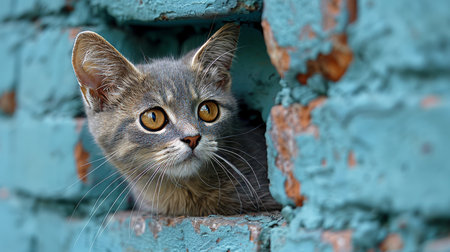 Hyperrealistic funny British Shorthair kitten close up on blue background, pet concept, banner, empty spaceの素材