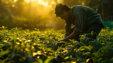 Young man working on plantation organic marijuana plants, sunlight, medical cannabis concept, alternative medicine, banner, copy spaceの素材