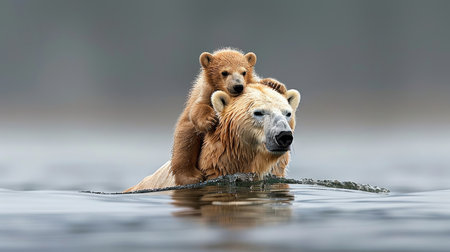 Polar bear with cub on an ice floe, global warming and climate concept change, bannerの素材