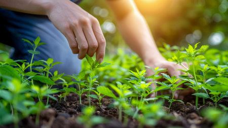 Young man working on plantation organic marijuana plants, sunlight, medical cannabis concept, alternative medicine, banner, copy spaceの素材