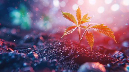 Plantation young organic marijuana sprouts, sunlight with bokeh, medical cannabis, alternative medicine concept, banner, copy spaceの素材