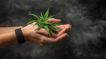 Hands holding one young organic marijuana leaf closeup, dark smoky background, banner, copy spaceの素材