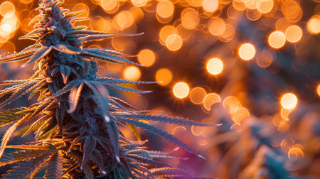 Organic young marijuana plant, sunlight with bokeh, medical cannabis, alternative medicine concept, banner, copy spaceの素材