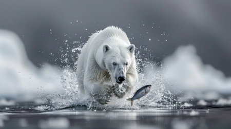 Polar bear catches fish, wild animals concept, white background, bannerの素材