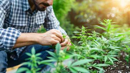Man working on plantation organic marijuana plants, sunlight, medical cannabis concept, alternative medicine, banner, copy spaceの素材