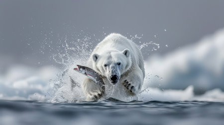Polar bear catches fish, wild animals concept, white background, bannerの素材