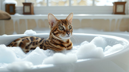 Playful red tabby cat swimming in water in bath, pet care concept with copy space for bannerの素材